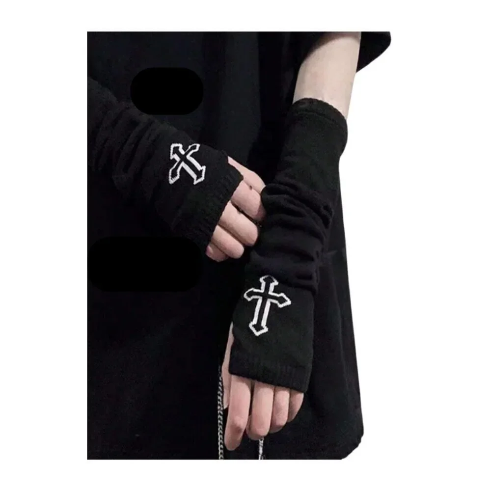 Gothic Cross Fingerless Gloves Black with White Cross Romwe NWT
